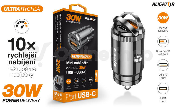 Chytrá mini nabíječka do auta ALIGATOR Power Delivery 30W, USB-C + USB-A, černá