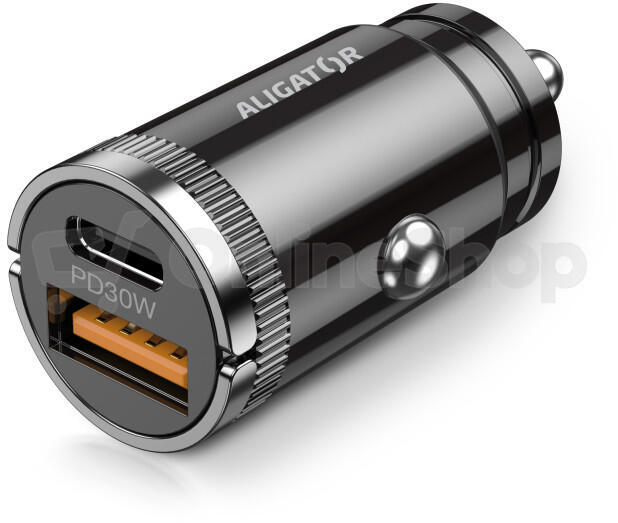 Chytrá Mini nabíječka do auta ALIGATOR Power Delivery 30W, USB-C + USB-A, USB-C/USB-C kabel, černá