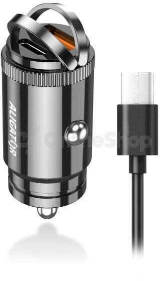 Chytrá Mini nabíječka do auta ALIGATOR Power Delivery 30W, USB-C + USB-A, USB-C/USB-C kabel, černá