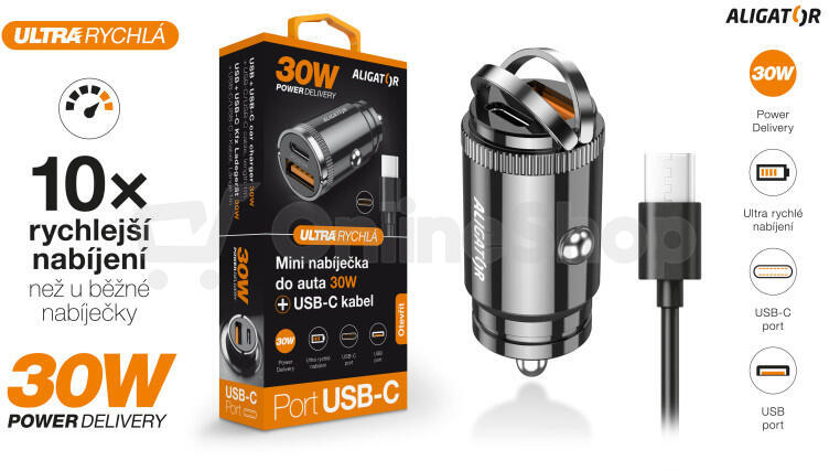 Chytrá Mini nabíječka do auta ALIGATOR Power Delivery 30W, USB-C + USB-A, USB-C/USB-C kabel, černá