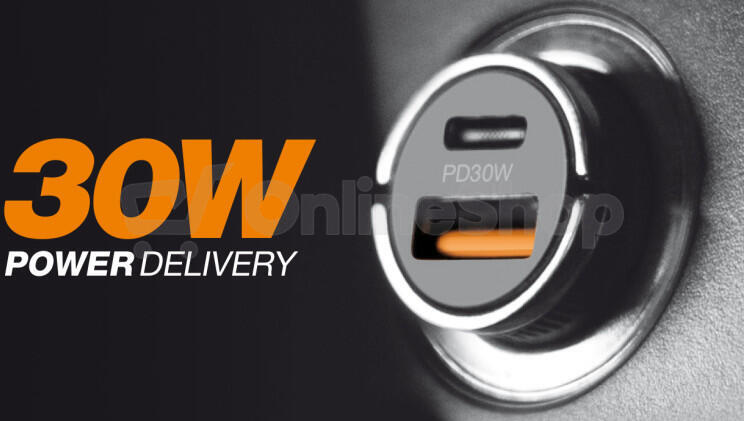 Chytrá Mini nabíječka do auta ALIGATOR Power Delivery 30W, USB-C + USB-A, USB-C/USB-C kabel, černá