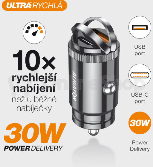 Chytrá Mini nabíječka do auta ALIGATOR Power Delivery 30W, USB-C + USB-A, USB-C kabel pro iPhone/iPad, černá