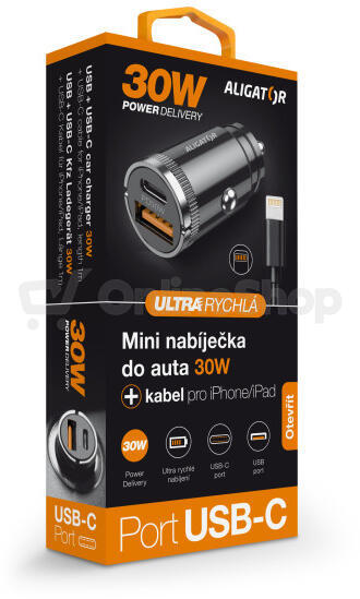 Chytrá Mini nabíječka do auta ALIGATOR Power Delivery 30W, USB-C + USB-A, USB-C kabel pro iPhone/iPad, černá