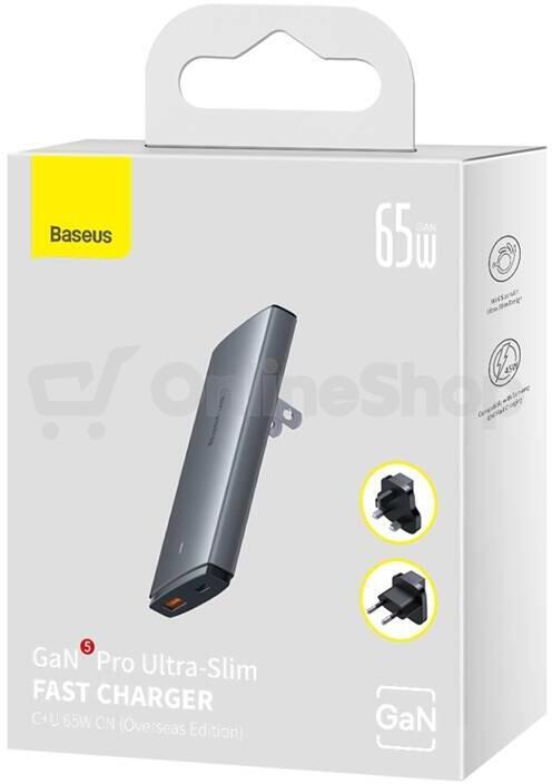 Baseus GAN5 Pro Ultratenký rychlonabíjecí adaptér USB-C + USB-A 65W, šedá (CCGP150113)