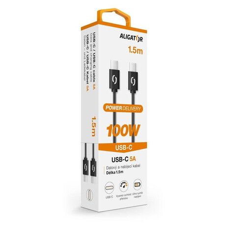 Datový kabel ALIGATOR POWER 100W, USB-C/USB-C 5A, 1,5m černý