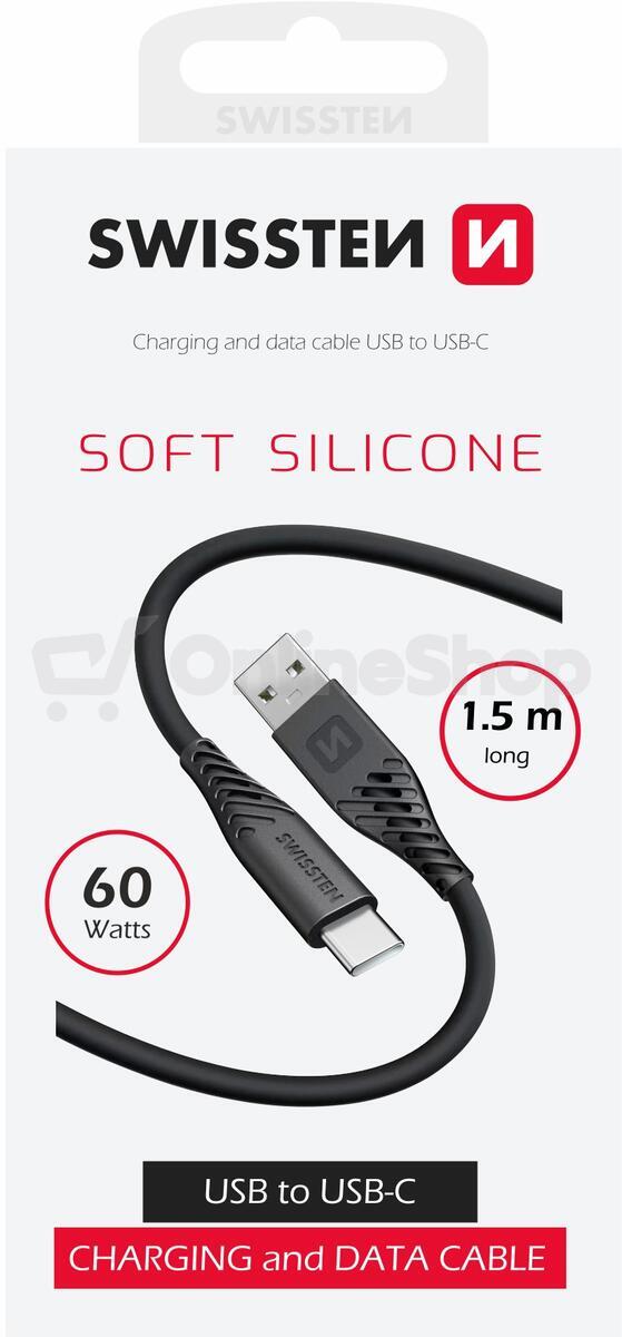 DATOVÝ KABEL SWISSTEN SOFT SILICONE USB / USB-C 1,5 M 60W ČERNÝ
