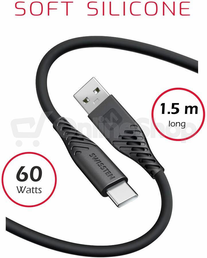 DATOVÝ KABEL SWISSTEN SOFT SILICONE USB / USB-C 1,5 M 60W ČERNÝ