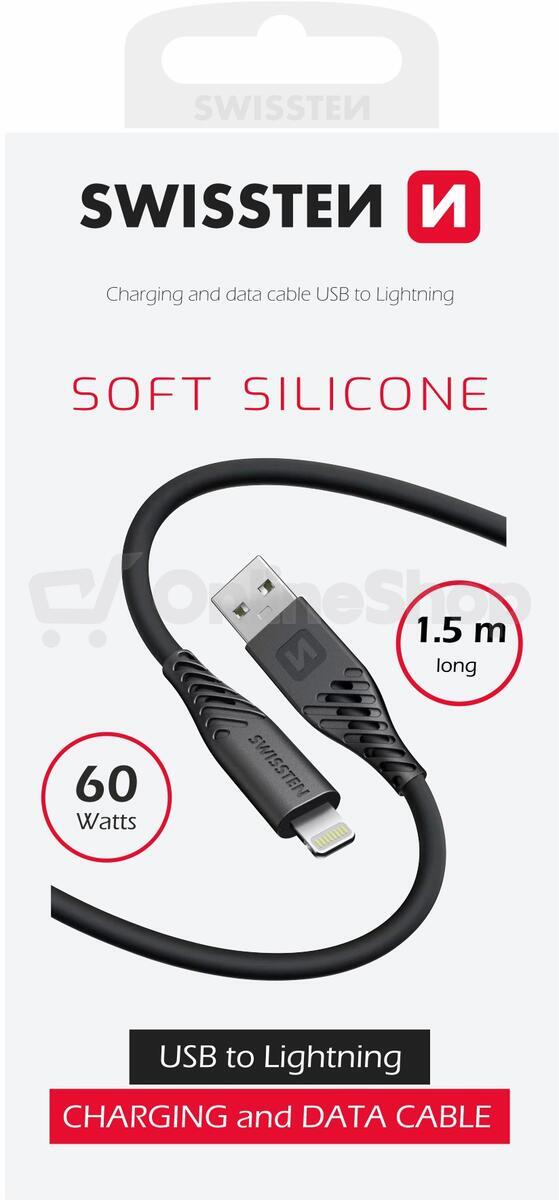 DATOVÝ KABEL SWISSTEN SOFT SILICONE USB / LIGHTNING 1,5 M 30W ČERNÝ