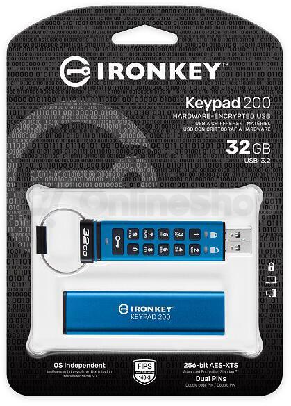 Kingston IronKey Keypad 200/32GB/USB 3.2/USB-A/Modrá (IKKP200/32GB)