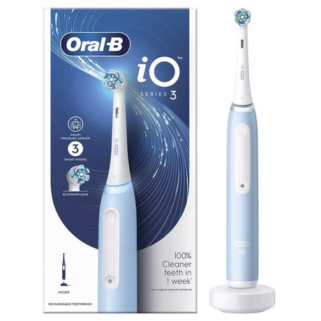 Oral-B iO3 Ice Blue elektrick zubn kartek, magnetick, 3 reimy, asova, tlakov senzor, modr