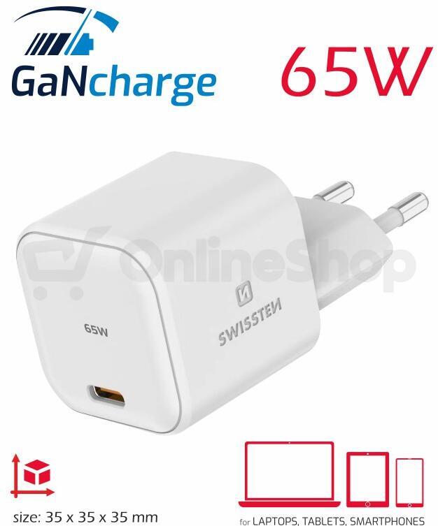 Síťový adaptér Swissten 22037020, USB-C 65W, PD, bílý