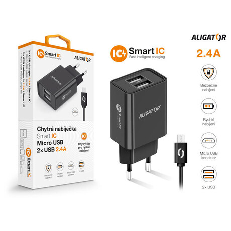 Aligator CD ALI MicroUSB 2xUSB výst. 2,4A, smart IC, černá