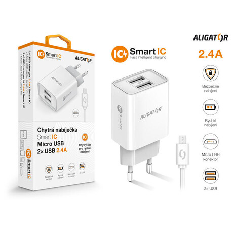Aligator CD ALI MicroUSB 2xUSB výst. 2,4A, smart IC, bílá