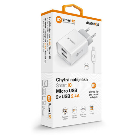 Aligator CD ALI MicroUSB 2xUSB výst. 2,4A, smart IC, bílá