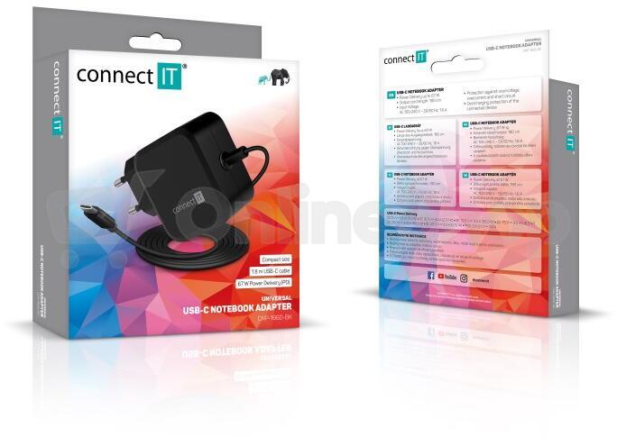 CONNECT IT C-Power Mini univerzální notebookový adaptér USB-C, PD 67 W, ČERNÝ (CNP-1660-BK)