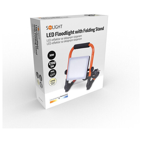 LED reflektor Solight se sklopnm stojanem, 30W, 2700lm, 4000K, kabel se zstrkou, IP65