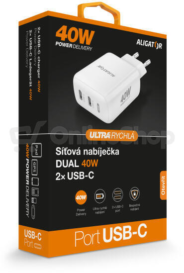 Rychlá nabíječka ALIGATOR, PD 40W 2xUSB-C, bílá