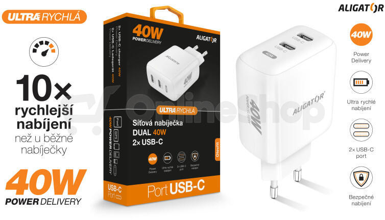Rychlá nabíječka ALIGATOR, PD 40W 2xUSB-C, bílá
