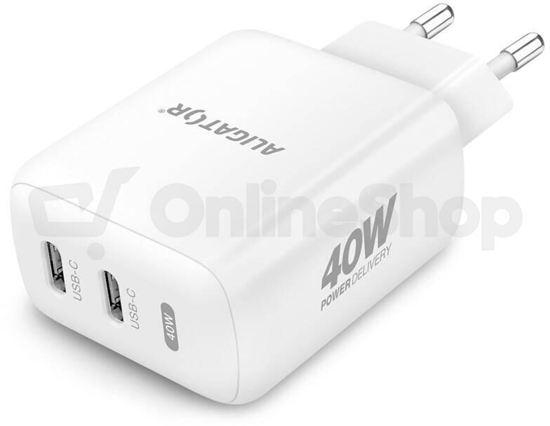 Rychlá nabíječka ALIGATOR, PD 40W 2xUSB-C, bílá