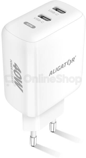 Rychlá nabíječka ALIGATOR, PD 40W 2xUSB-C, bílá