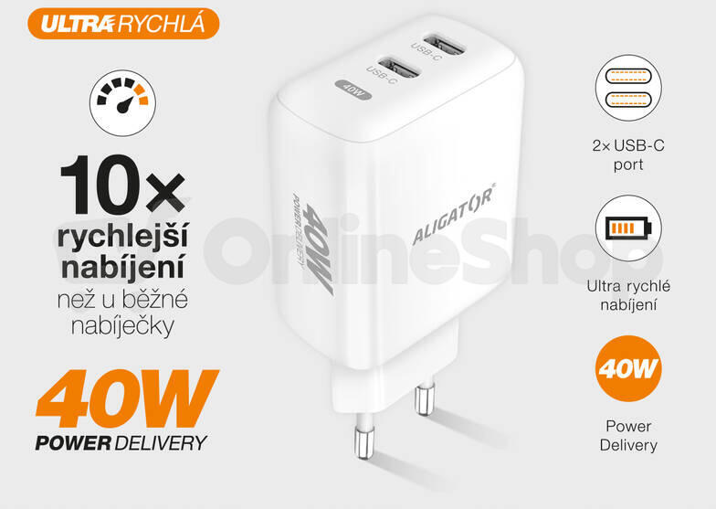 Rychlá nabíječka ALIGATOR, PD 40W 2xUSB-C, bílá