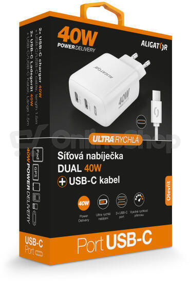 Rychlá nabíječka Aligator CHPD0024, 2xUSB-C, USB-C/USB-C kabel, bílá