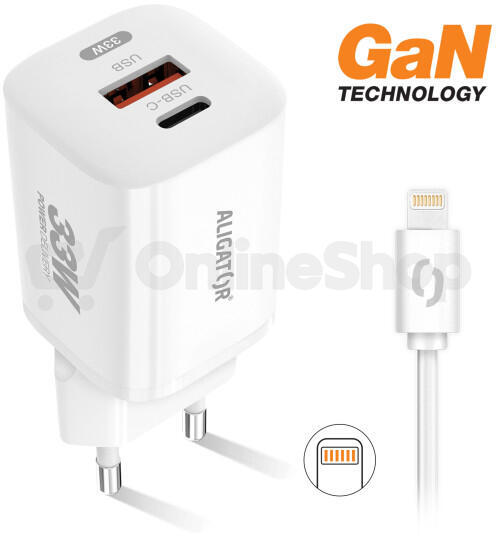 Rychlá nabíječka ALIGATOR GaN, PD 33W, USB-C/Lightning kabel, bílá