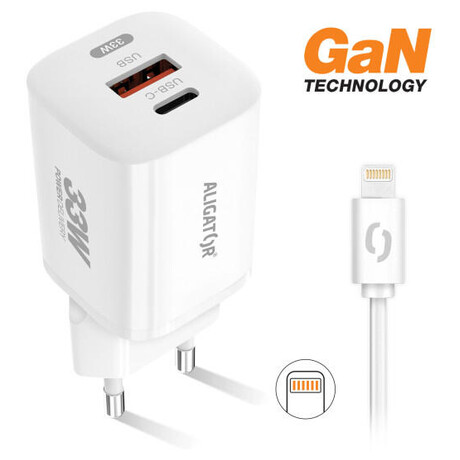 Rychlá nabíječka ALIGATOR GaN, PD 33W, USB-C/Lightning kabel, bílá