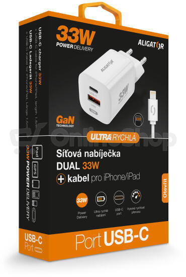 Rychlá nabíječka ALIGATOR GaN, PD 33W, USB-C/Lightning kabel, bílá