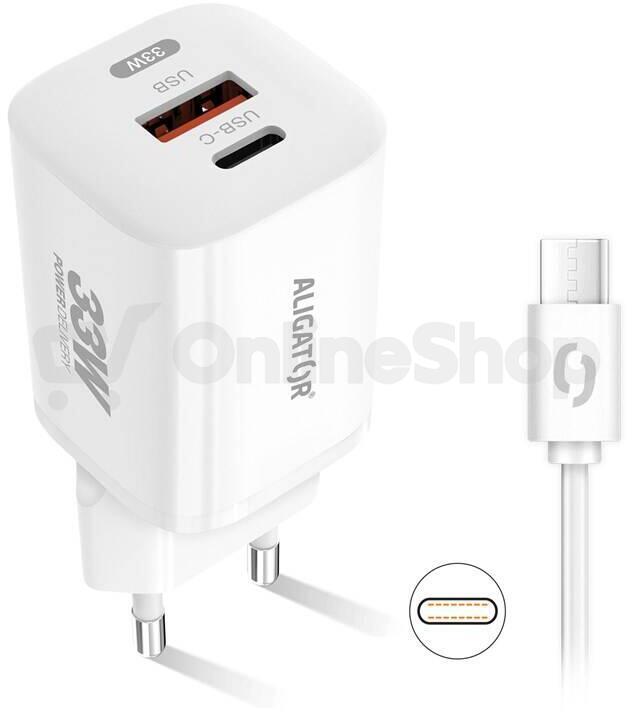 Rychlá nabíječka ALIGATOR GaN, PD 33W, USB-C/USB-C kabel, bílá