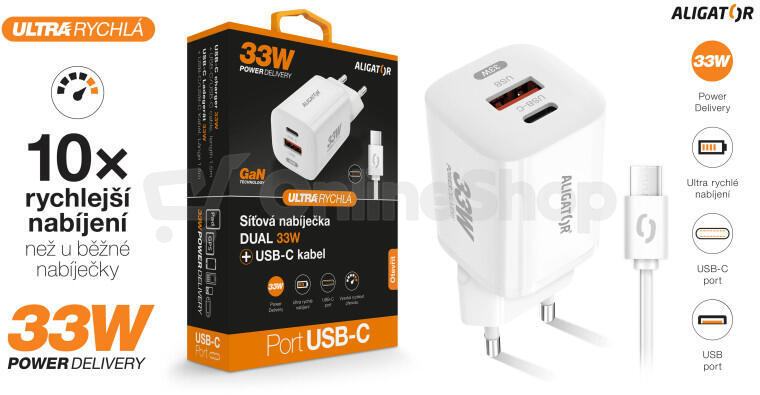 Rychlá nabíječka ALIGATOR GaN, PD 33W, USB-C/USB-C kabel, bílá