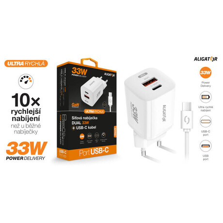 Rychlá nabíječka ALIGATOR GaN, PD 33W, USB-C/USB-C kabel, bílá