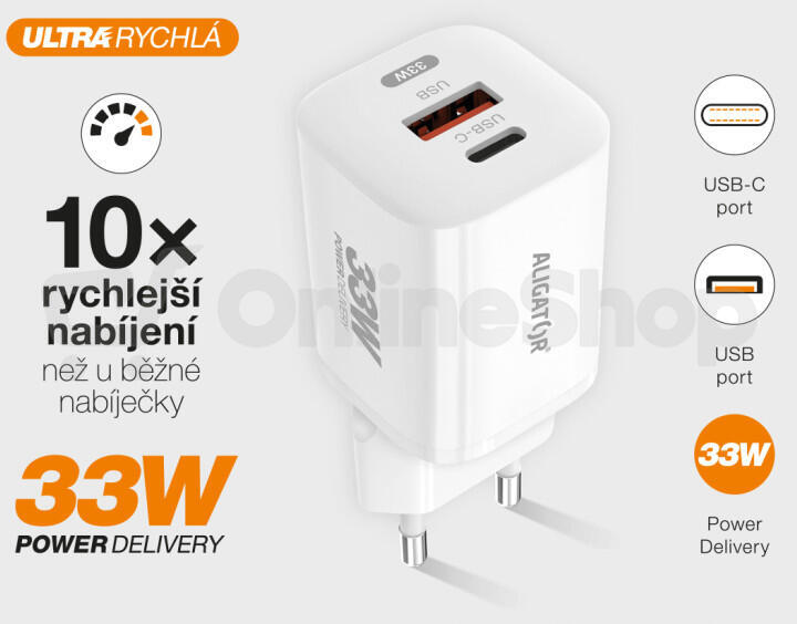 Rychlá nabíječka ALIGATOR GaN, PD 33W, USB-C/USB-C kabel, bílá