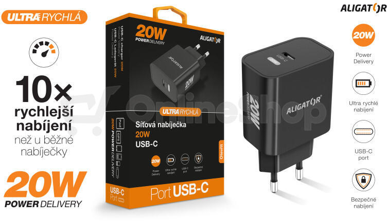Rychlá nabíječka ALIGATOR PD 20W USB-C, černá