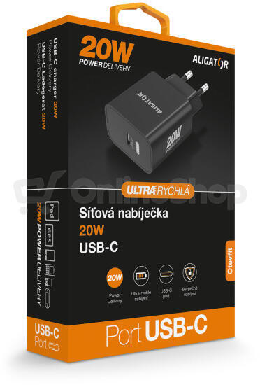 Rychlá nabíječka ALIGATOR PD 20W USB-C, černá