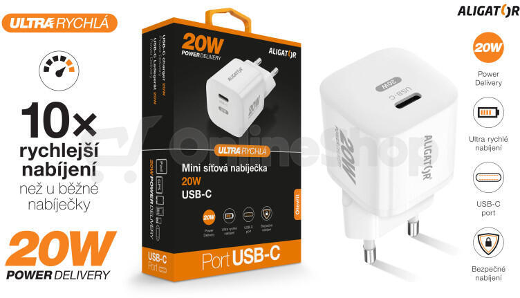 Rychlá nabíječka ALIGATOR Mini, PD 20W USB-C, bílá