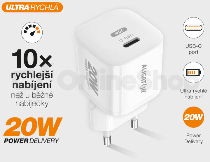 Rychlá nabíječka ALIGATOR Mini, PD 20W USB-C, bílá
