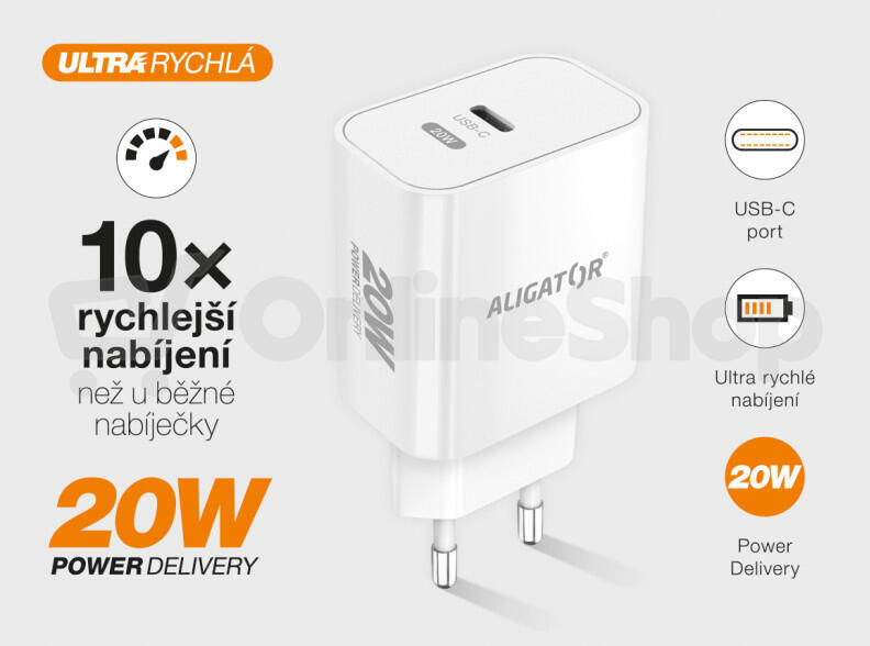 Rychlá nabíječka ALIGATOR PD 20W USB-C, bílá