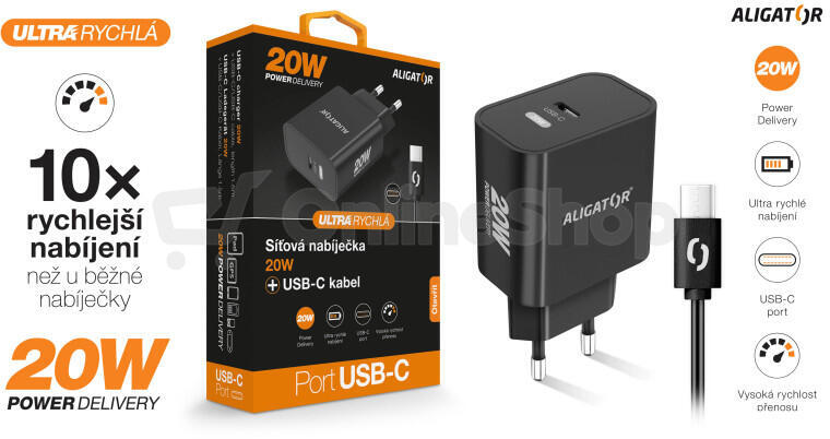 Rychlá nabíječka ALIGATOR PD 20W USB-C, USB-C/USB-C, černá
