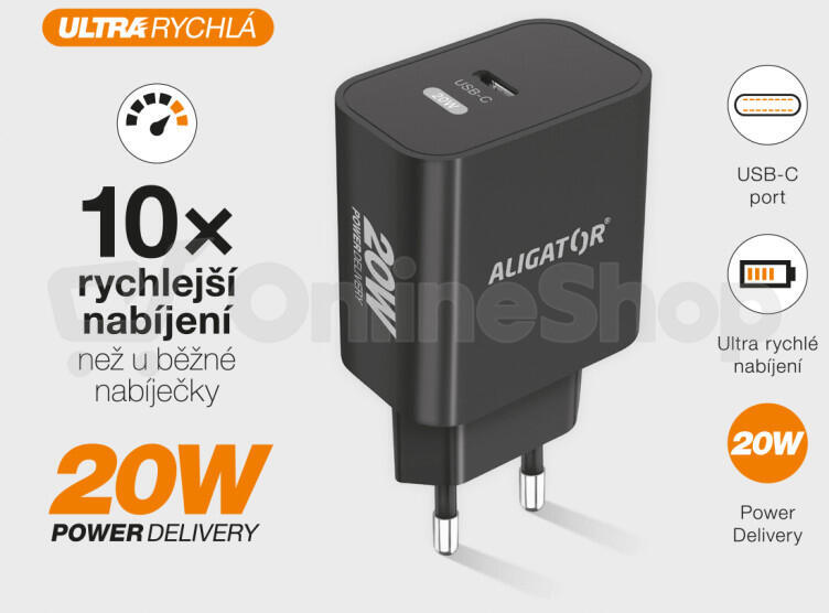 Rychlá nabíječka ALIGATOR PD 20W USB-C, USB-C/USB-C, černá