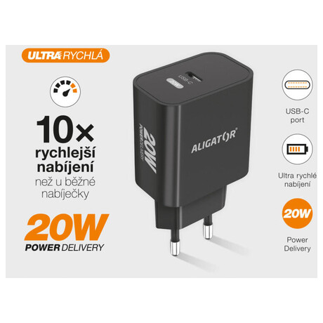 Rychlá nabíječka ALIGATOR PD 20W USB-C, USB-C/USB-C, černá