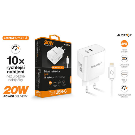 Rychlá nabíječka USB-C ALIGATOR PD 20W s kabelem USB-C/Lightning (iPhone), bílá