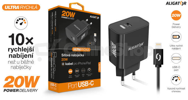 Rychlá nabíječka USB-C ALIGATOR PD 20W s kabelem USB-C/Lightning(iPhone), černá
