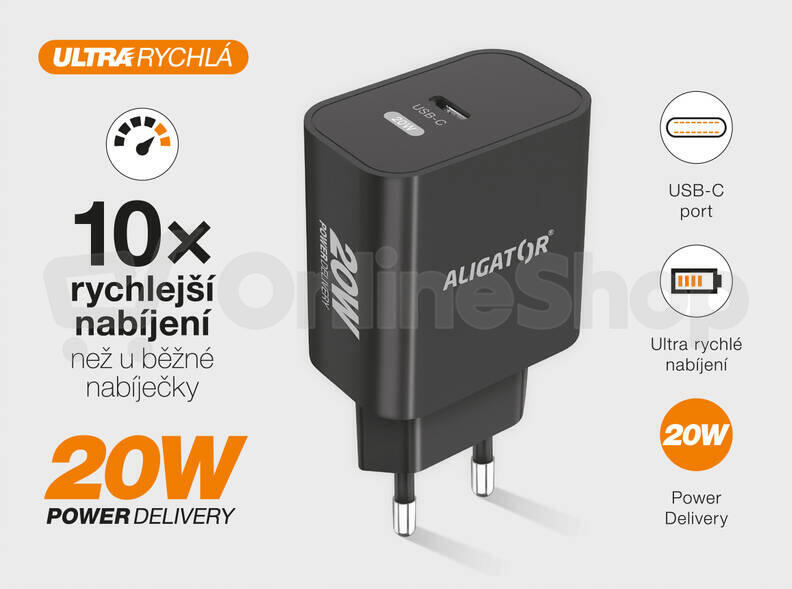 Rychlá nabíječka USB-C ALIGATOR PD 20W s kabelem USB-C/Lightning(iPhone), černá