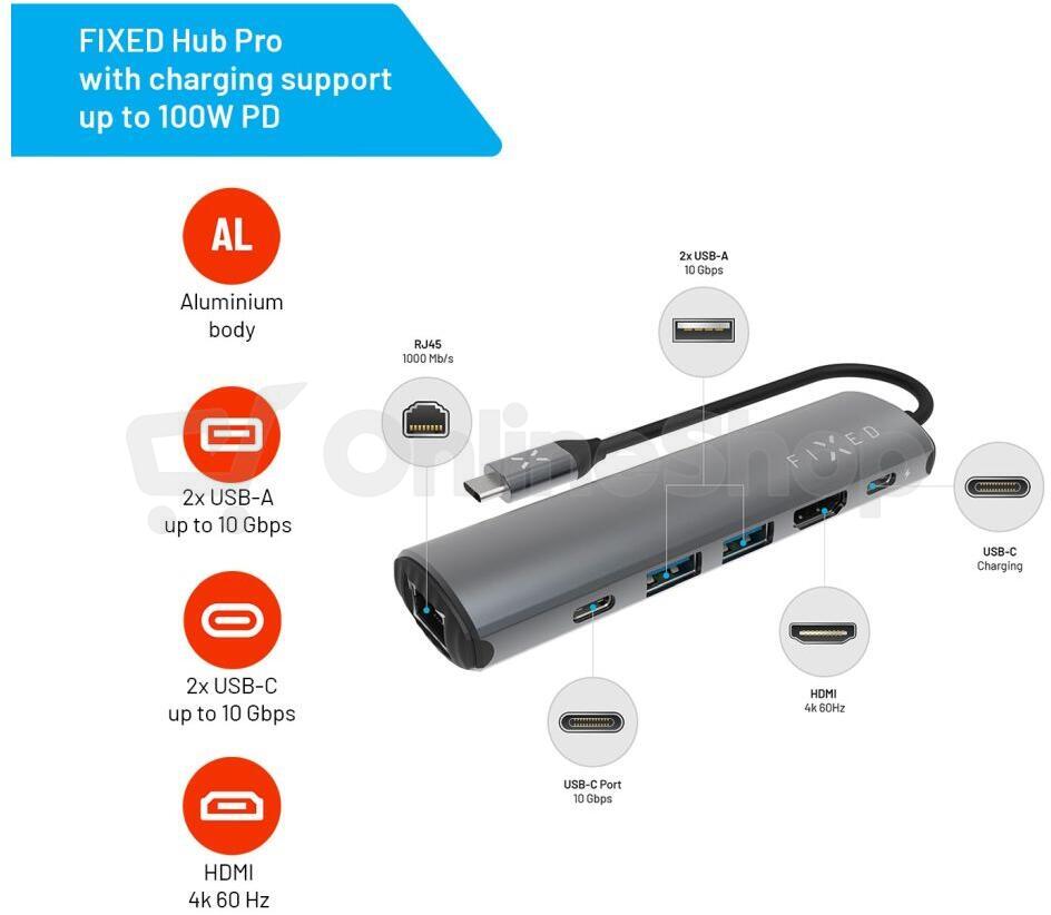 6-portový hliníkový USB-C FIXED HUB Pro, pro notebooky a tablety, šedý