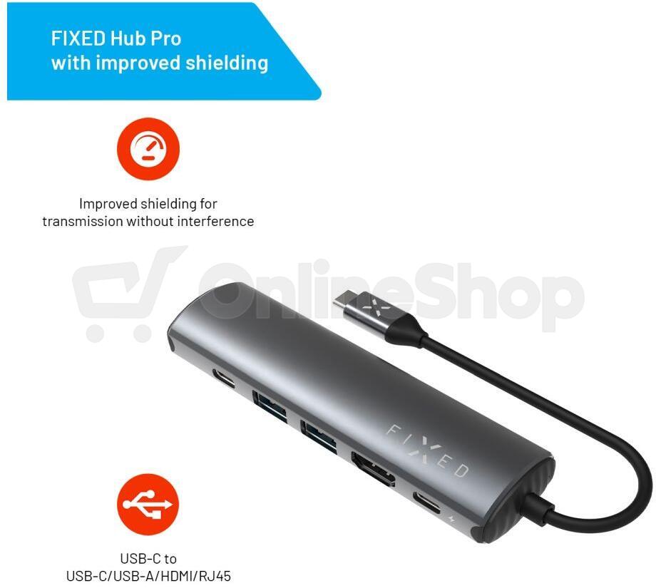 6-portový hliníkový USB-C FIXED HUB Pro, pro notebooky a tablety, šedý
