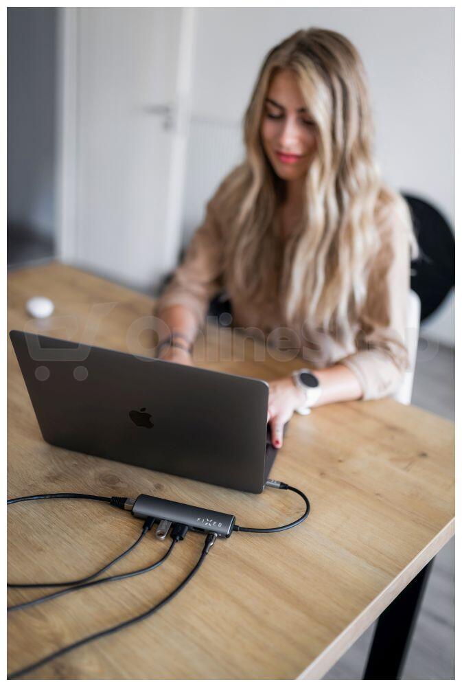 6-portový hliníkový USB-C FIXED HUB Pro, pro notebooky a tablety, šedý