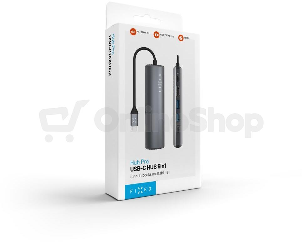 6-portový hliníkový USB-C FIXED HUB Pro, pro notebooky a tablety, šedý
