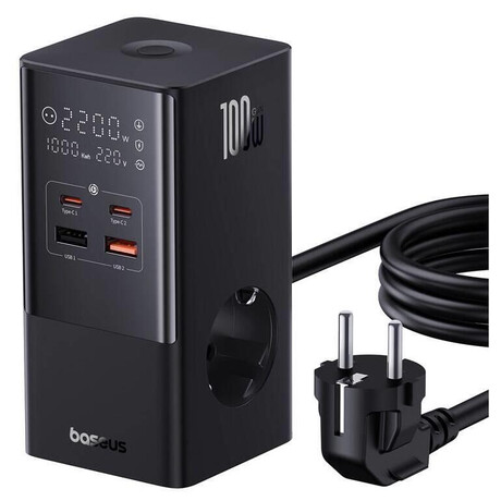Baseus PowerCombo Tower 100W 2xzásuvka, 2xUSB, 2xUSB-C černá (foto 1)
