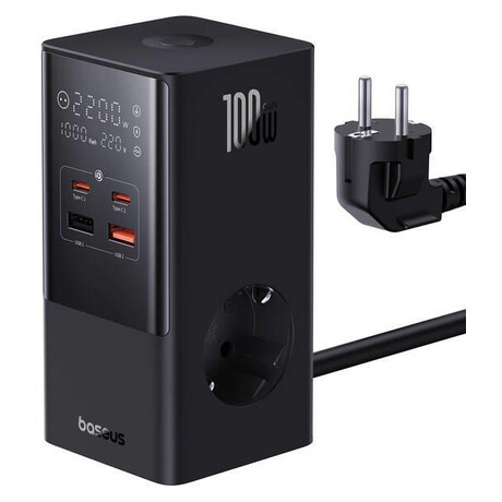 Baseus PowerCombo Tower 100W 2xzásuvka, 2xUSB, 2xUSB-C černá (foto 3)